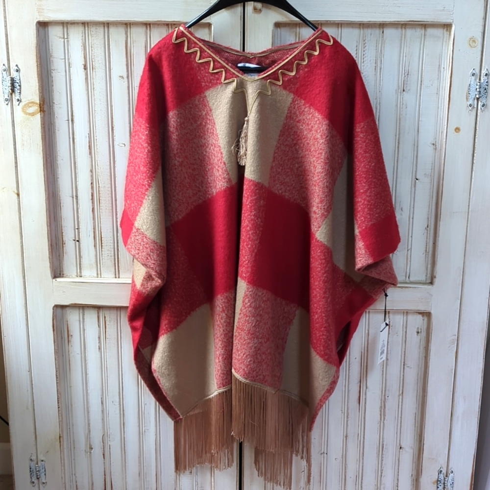 Adam Lippes for Target, orangy/red and tan buffalo checked fringed ponch…